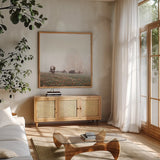 Misty Pasture by Laura Marshall. Shown in a natural wood frame in a cozy modern living room. Available as an archival giclee rolled canvas, fine art paper, or poster print. SKU 68102a.