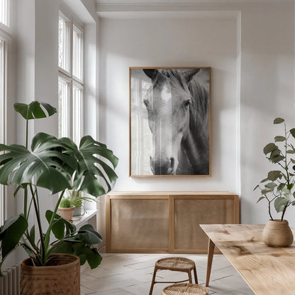 Moke Lake Horses I by Laura Marshall. shown as a print in a natural wood frame in a dining room. Available as a archival giclee rolled canvas, fine art paper, or poster print. SKU 84129h.