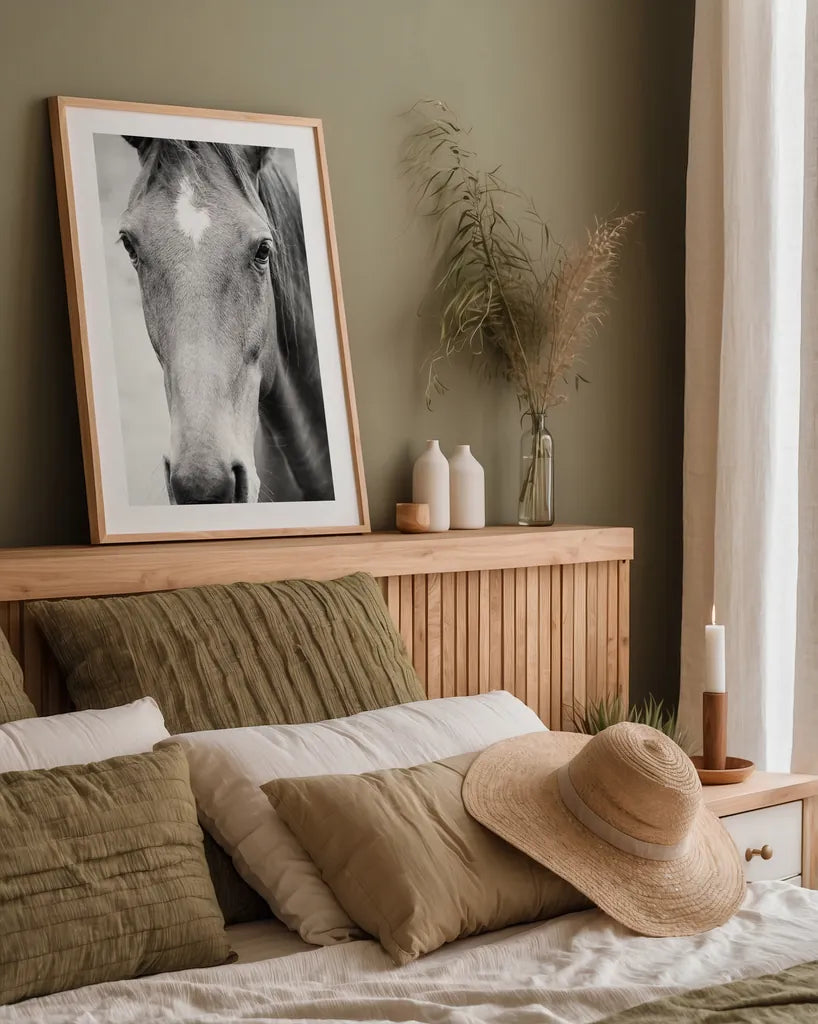 Moke Lake Horses I by Laura Marshall. shown as a paper print in a natural frame. Available as a archival giclee rolled canvas, fine art paper, or poster print. SKU 84129h.