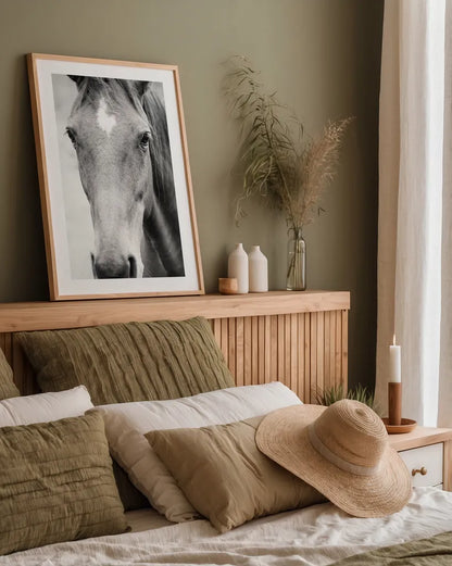Moke Lake Horses I by Laura Marshall. shown as a paper print in a natural frame. Available as a archival giclee rolled canvas, fine art paper, or poster print. SKU 84129h.