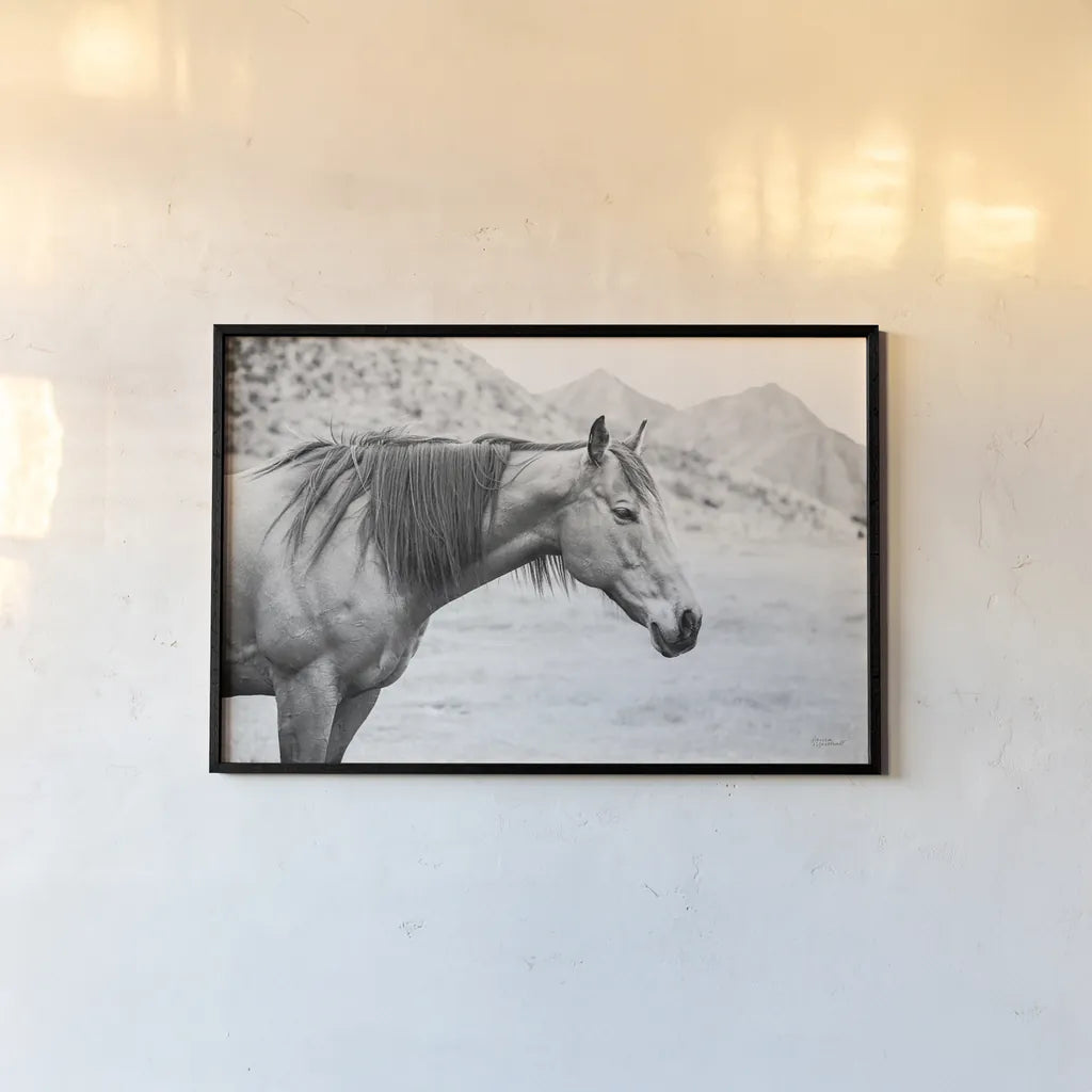 Moke Lake Horses III by Laura Marshall. shown as a paper print in a black flame. Available as a archival giclee rolled canvas, fine art paper, or poster print. SKU 84131i.