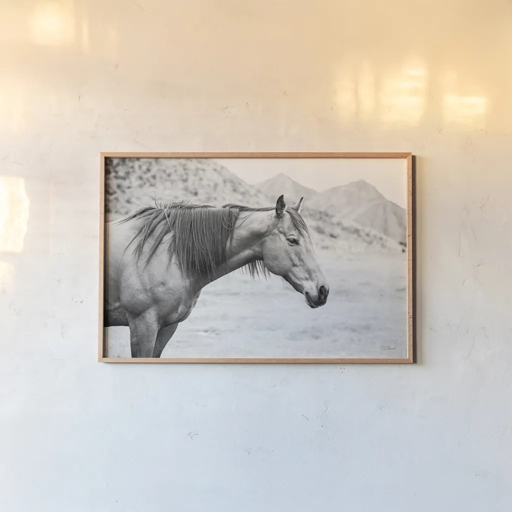Moke Lake Horses III by Laura Marshall. shown as a paper print in a natural frame. Available as a archival giclee rolled canvas, fine art paper, or poster print. SKU 84131i.
