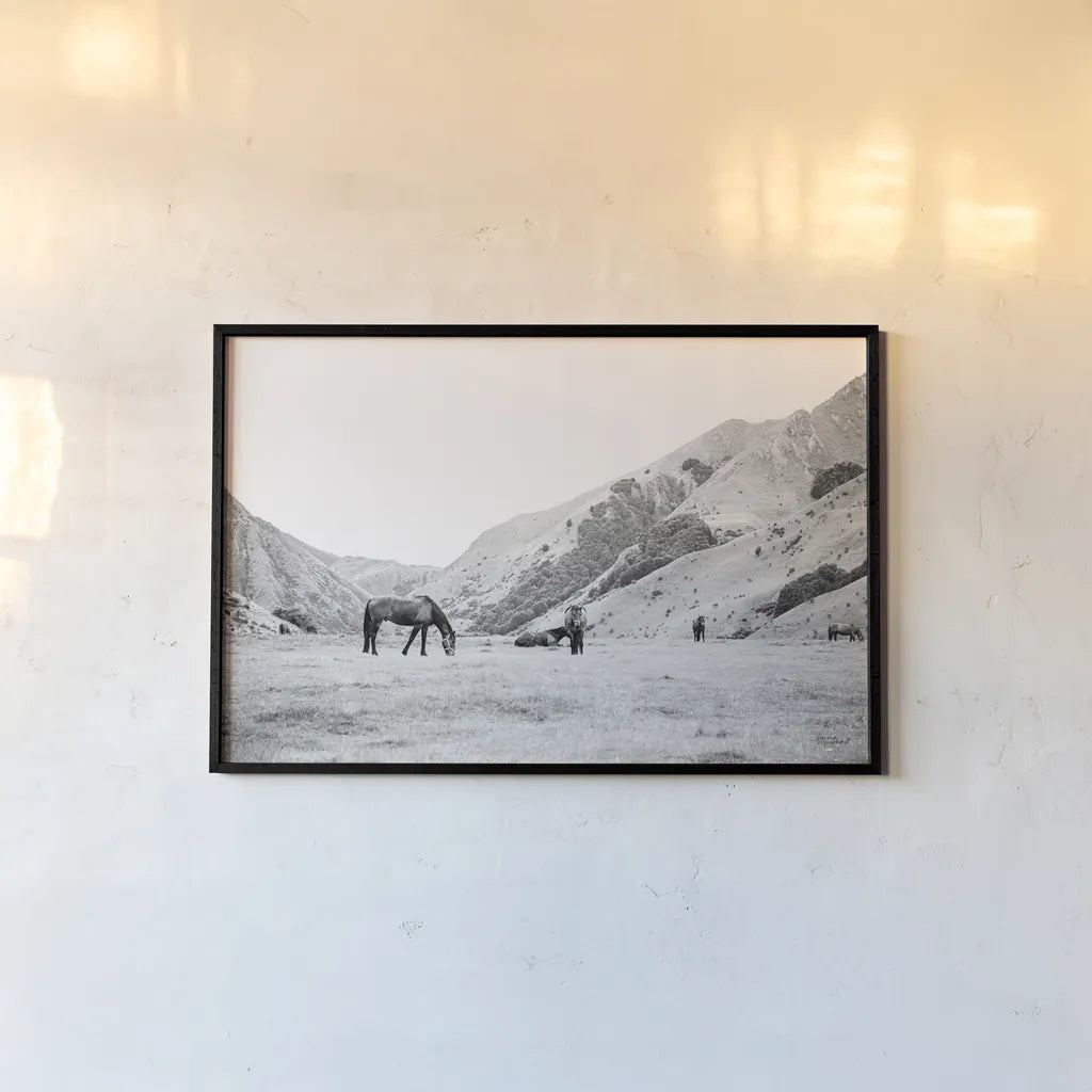 Moke Lake Horses IV by Laura Marshall. shown as a paper print in a black flame. Available as a archival giclee rolled canvas, fine art paper, or poster print. SKU 84132i.