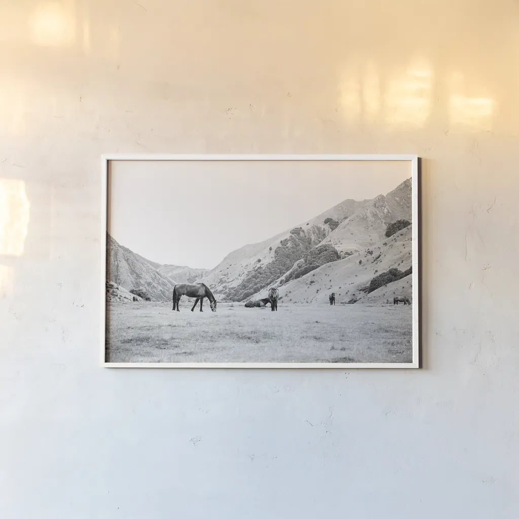 Moke Lake Horses IV by Laura Marshall. shown as a paper print in a white frame. Available as a archival giclee rolled canvas, fine art paper, or poster print. SKU 84132i.