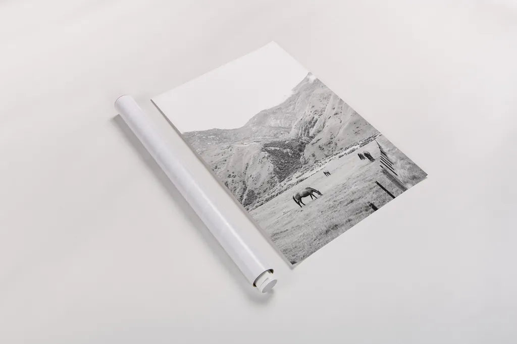 Moke Lake Horses V by Laura Marshall. shown as a rolled paper print. Available as archival giclee rolled canvas, fine art paper, or poster print. SKU 84133h.