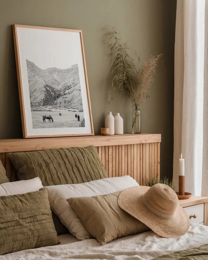 Moke Lake Horses V by Laura Marshall. shown as a paper print in a natural frame. Available as a archival giclee rolled canvas, fine art paper, or poster print. SKU 84133h.