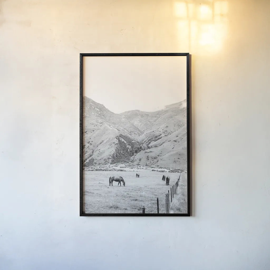 Moke Lake Horses V by Laura Marshall. shown as a paper print in a black flame. Available as a archival giclee rolled canvas, fine art paper, or poster print. SKU 84133h.