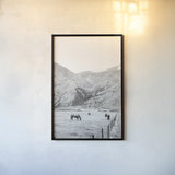 Moke Lake Horses V by Laura Marshall. shown as a paper print in a black flame. Available as a archival giclee rolled canvas, fine art paper, or poster print. SKU 84133h.