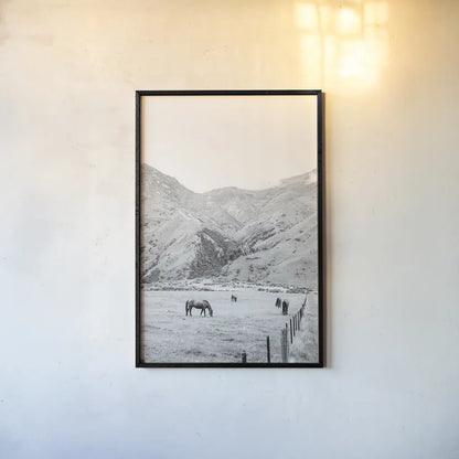 Moke Lake Horses V by Laura Marshall. shown as a paper print in a black flame. Available as a archival giclee rolled canvas, fine art paper, or poster print. SKU 84133h.