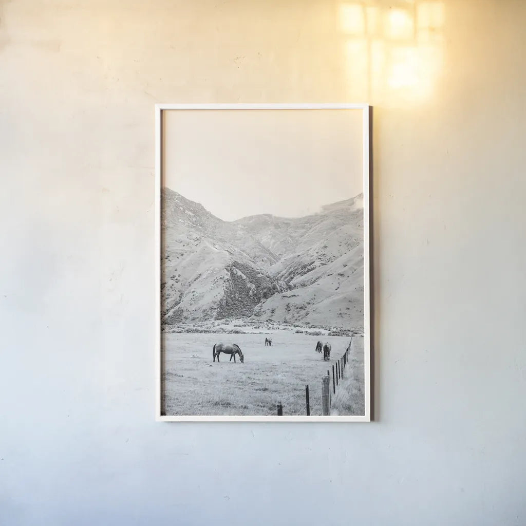 Moke Lake Horses V by Laura Marshall. shown as a paper print in a white frame. Available as a archival giclee rolled canvas, fine art paper, or poster print. SKU 84133h.