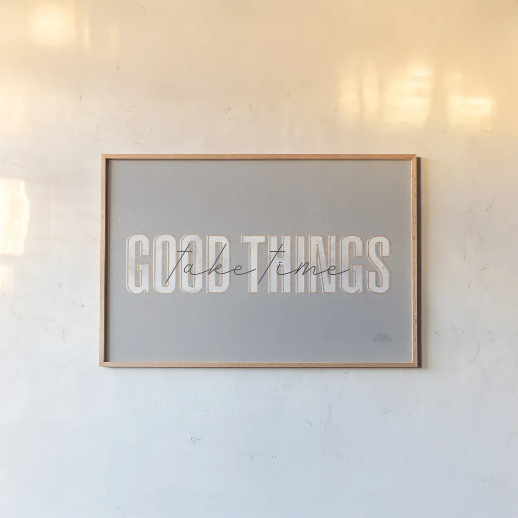 Morning Affirmations III Gray Horizontal by Laura Marshall. shown as a paper print in a natural frame. Available as a archival giclee rolled canvas, fine art paper, or poster print. SKU 69341i.