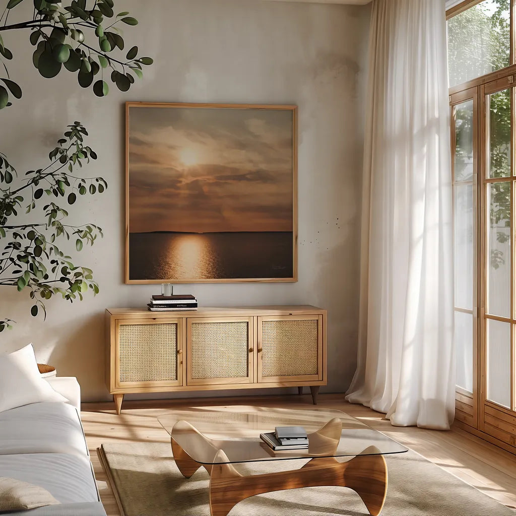 Morning Spotlight by Laura Marshall. Shown in a natural wood frame in a cozy modern living room. Available as an archival giclee rolled canvas, fine art paper, or poster print. SKU 16350a.