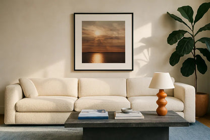 Morning Spotlight by Laura Marshall. Displayed in a glass frame with matte in a clean modern living room. Available as an archival giclee rolled canvas, fine art paper, or poster print. SKU 16350a.