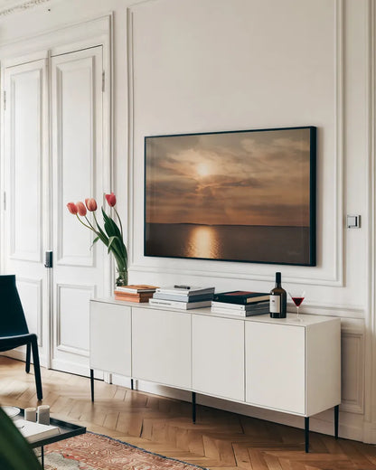Morning Spotlight by Laura Marshall. shown as a framed stretched canvas in a living room above a console. Available as a archival giclee rolled canvas, fine art paper, or poster print. SKU 16350i.