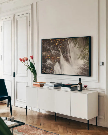 Mosquito Falls I by Laura Marshall. shown as a framed stretched canvas in a living room above a console. Available as a archival giclee rolled canvas, fine art paper, or poster print. SKU 21257i.