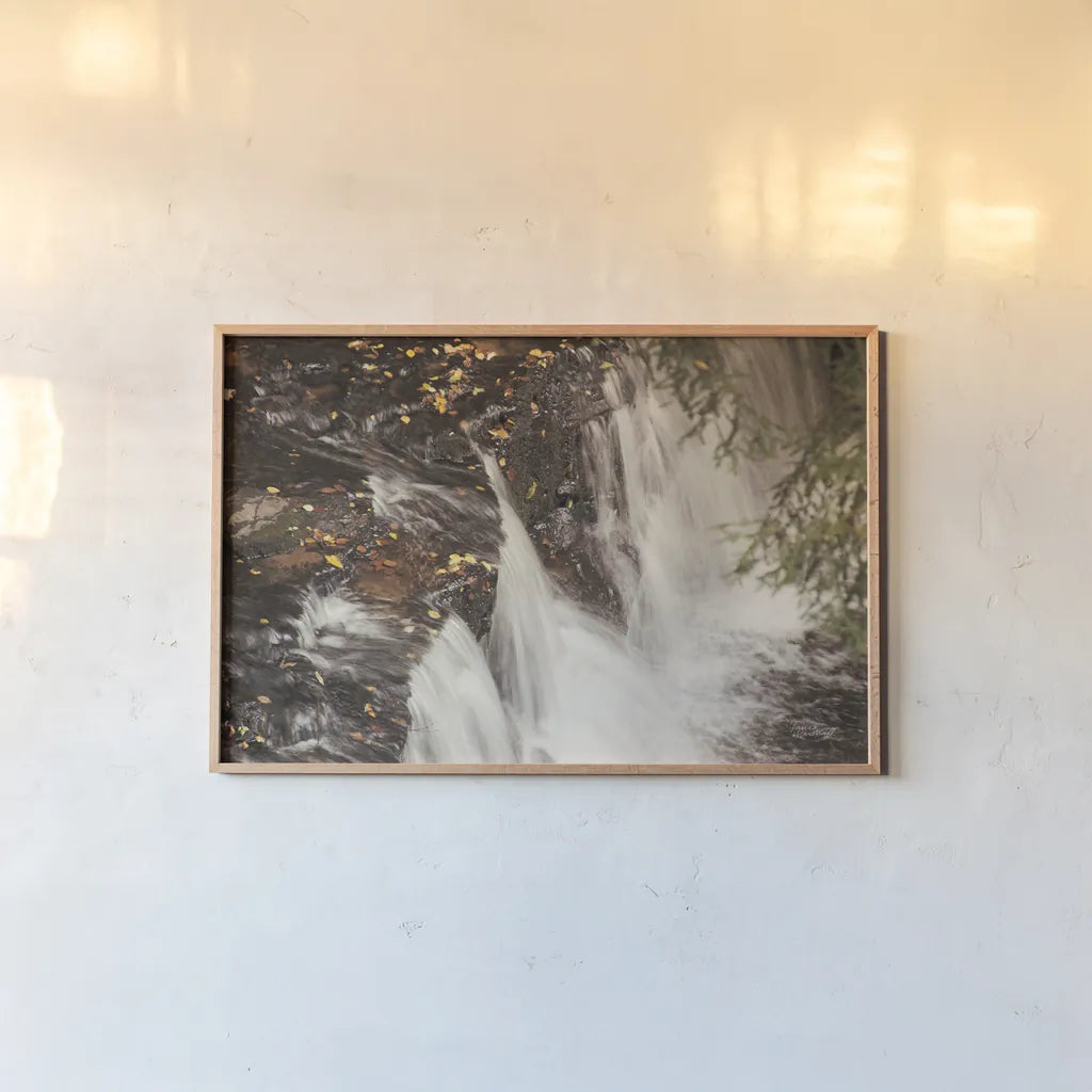 Mosquito Falls I by Laura Marshall. shown as a paper print in a natural frame. Available as a archival giclee rolled canvas, fine art paper, or poster print. SKU 21257i.