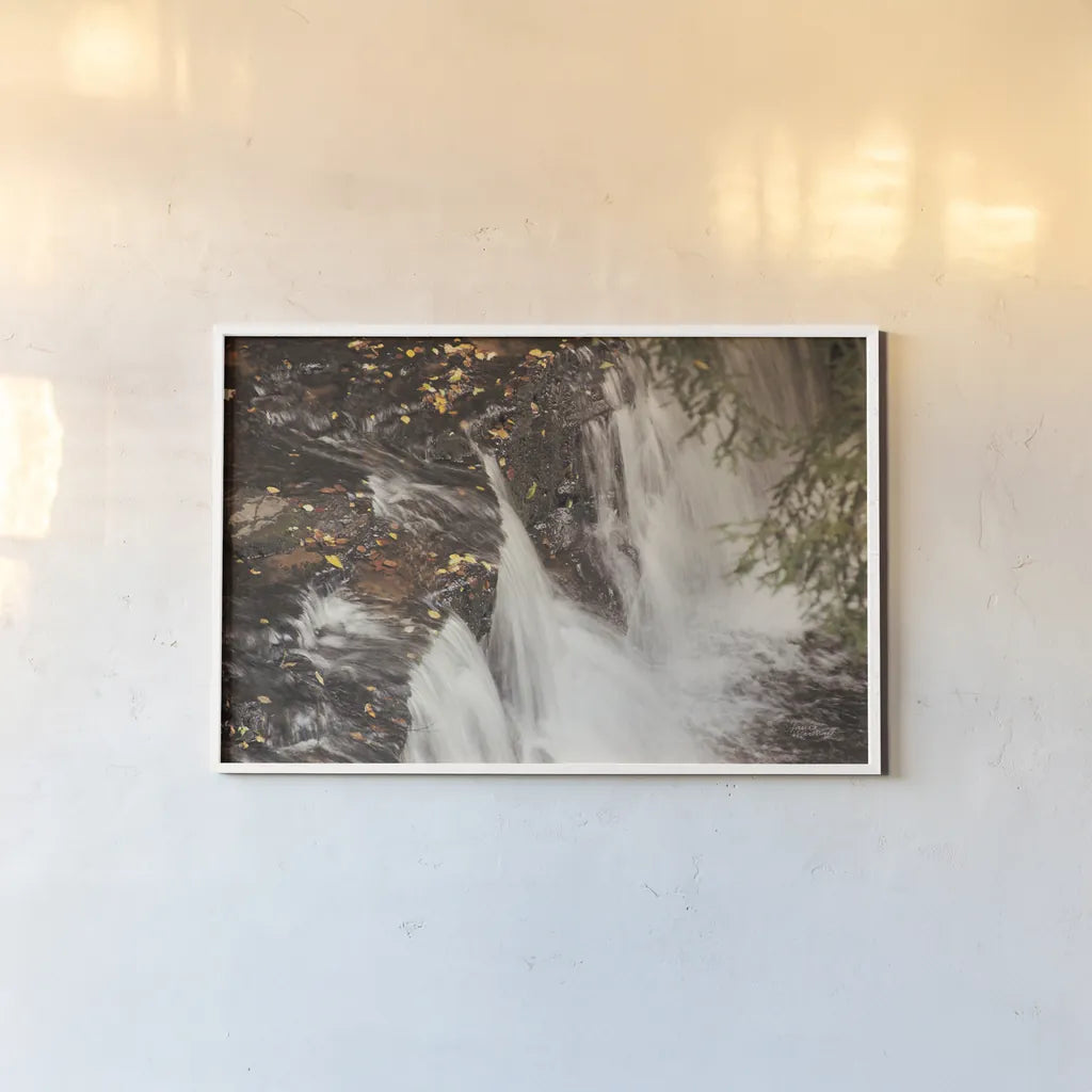 Mosquito Falls I by Laura Marshall. shown as a paper print in a white frame. Available as a archival giclee rolled canvas, fine art paper, or poster print. SKU 21257i.