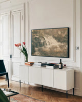 Mosquito Falls II by Laura Marshall. shown as a framed stretched canvas in a living room above a console. Available as a archival giclee rolled canvas, fine art paper, or poster print. SKU 21258i.