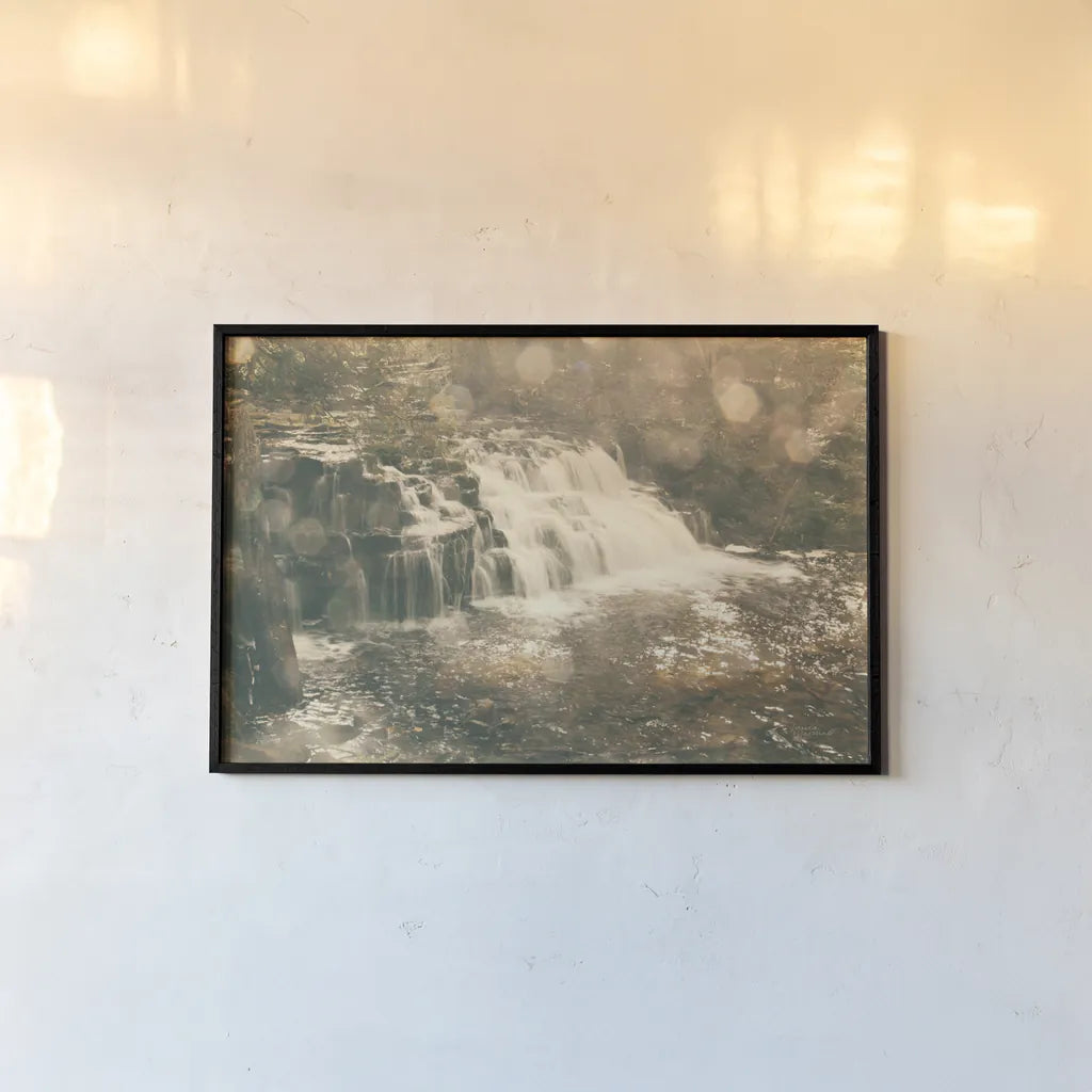 Mosquito Falls II by Laura Marshall. shown as a paper print in a black flame. Available as a archival giclee rolled canvas, fine art paper, or poster print. SKU 21258i.