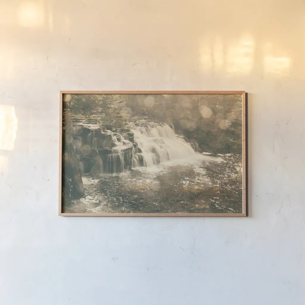 Mosquito Falls II by Laura Marshall. shown as a paper print in a natural frame. Available as a archival giclee rolled canvas, fine art paper, or poster print. SKU 21258i.