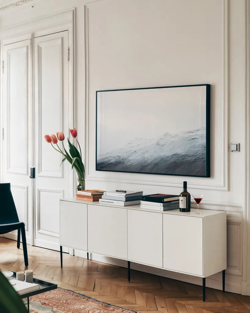 Mountain Gradient by Laura Marshall. shown as a framed stretched canvas in a living room above a console. Available as a archival giclee rolled canvas, fine art paper, or poster print. SKU 69904i.