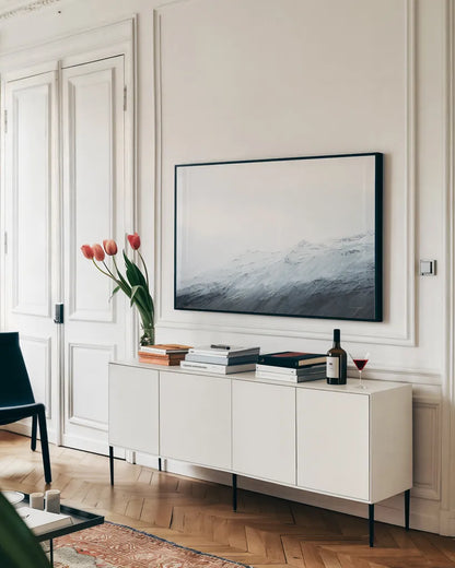 Mountain Gradient by Laura Marshall. shown as a framed stretched canvas in a living room above a console. Available as a archival giclee rolled canvas, fine art paper, or poster print. SKU 69904i.