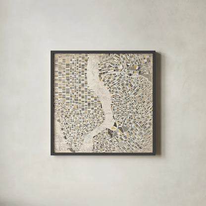 Neutral New York Map by Laura Marshall. Shown in a sleek black glass frame for a contemporary gallery look. Available as an archival giclee rolled canvas, fine art paper, or poster print. SKU 20873a.