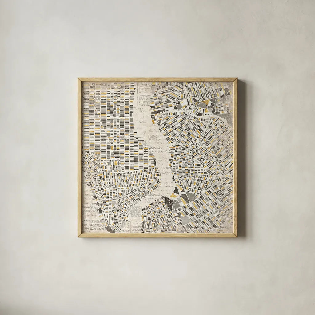 Neutral New York Map by Laura Marshall. Shown in a natural wood glass frame for a timeless modern aesthetic. Available as an archival giclee rolled canvas, fine art paper, or poster print. SKU 20873a.