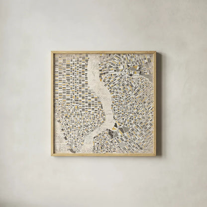 Neutral New York Map by Laura Marshall. Shown in a natural wood glass frame for a timeless modern aesthetic. Available as an archival giclee rolled canvas, fine art paper, or poster print. SKU 20873a.