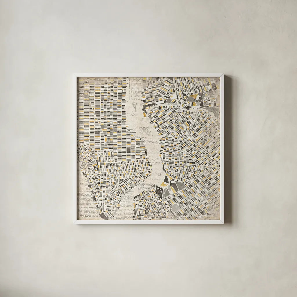 Neutral New York Map by Laura Marshall. Shown in a crisp white glass frame for a clean and minimalist style. Available as an archival giclee rolled canvas, fine art paper, or poster print. SKU 20873a.
