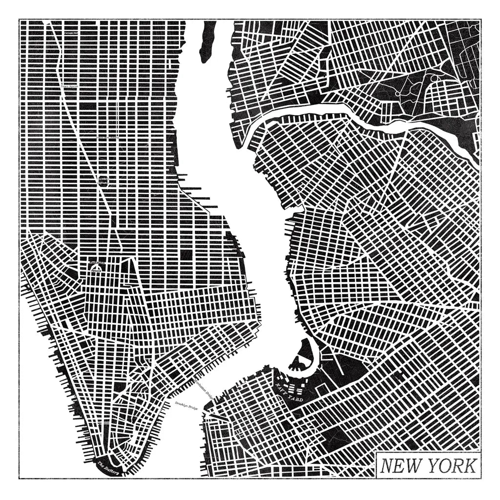 New York Map Black by Laura Marshall. SKU 60390a. Archival Giclee Fine art print for wall decor.