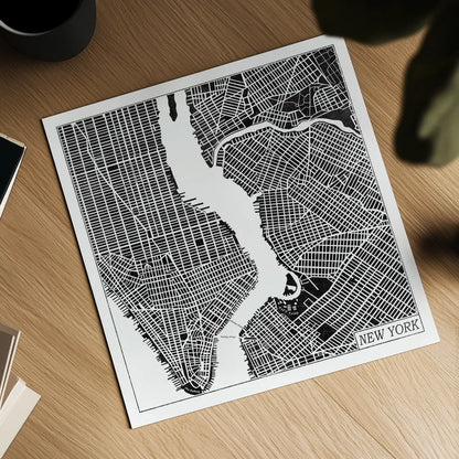 New York Map Black by Laura Marshall. Shown as a detailed flat fine art print, highlighting archival giclee quality. Available as an archival giclee rolled canvas, fine art paper, or poster print. SKU 60390a.