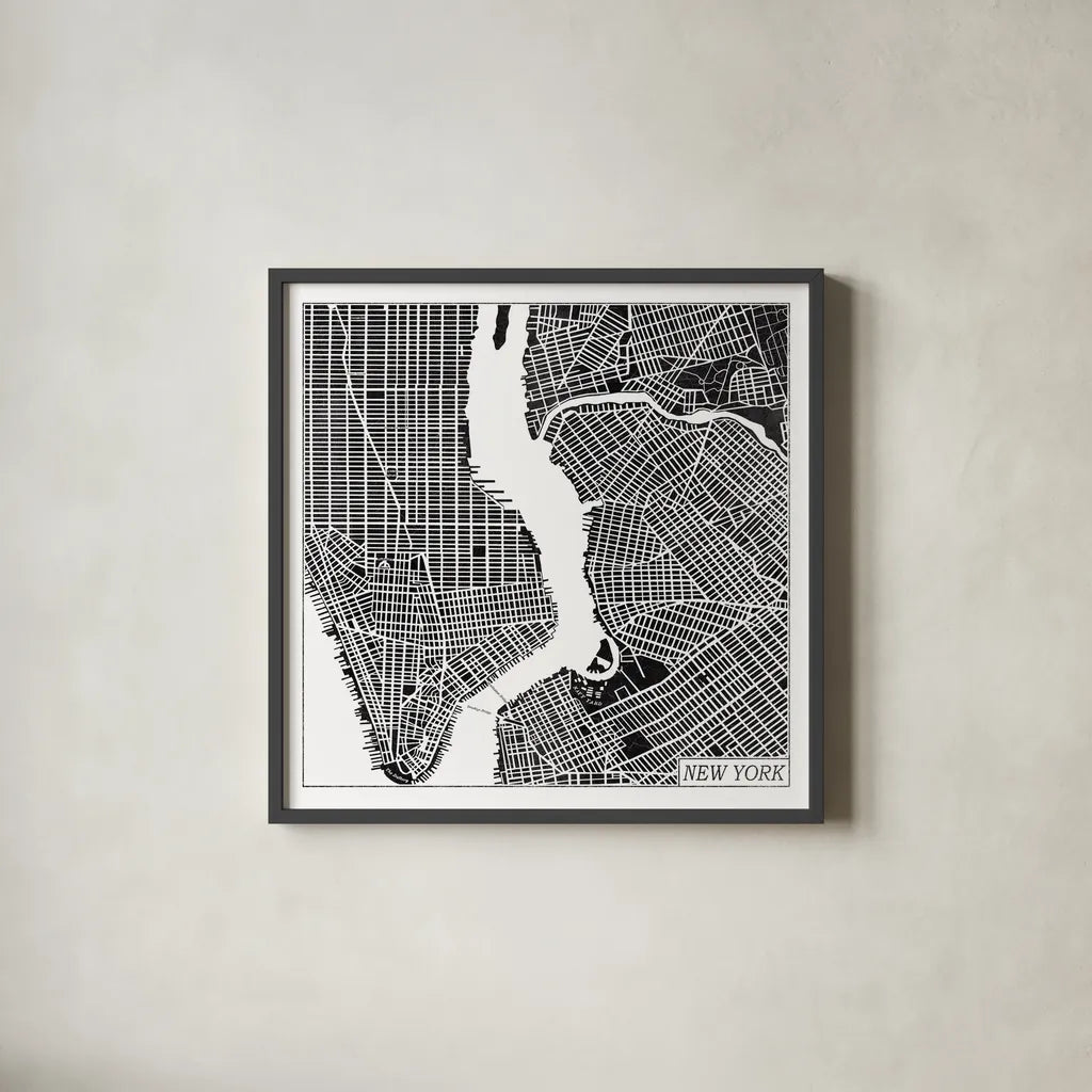 New York Map Black by Laura Marshall. Shown in a sleek black glass frame for a contemporary gallery look. Available as an archival giclee rolled canvas, fine art paper, or poster print. SKU 60390a.