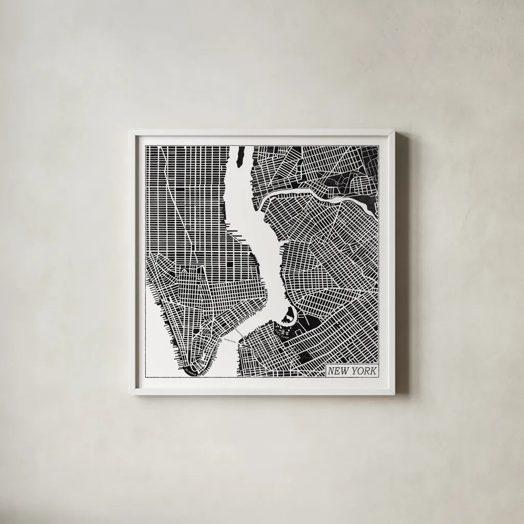 New York Map Black by Laura Marshall. Shown in a crisp white glass frame for a clean and minimalist style. Available as an archival giclee rolled canvas, fine art paper, or poster print. SKU 60390a.
