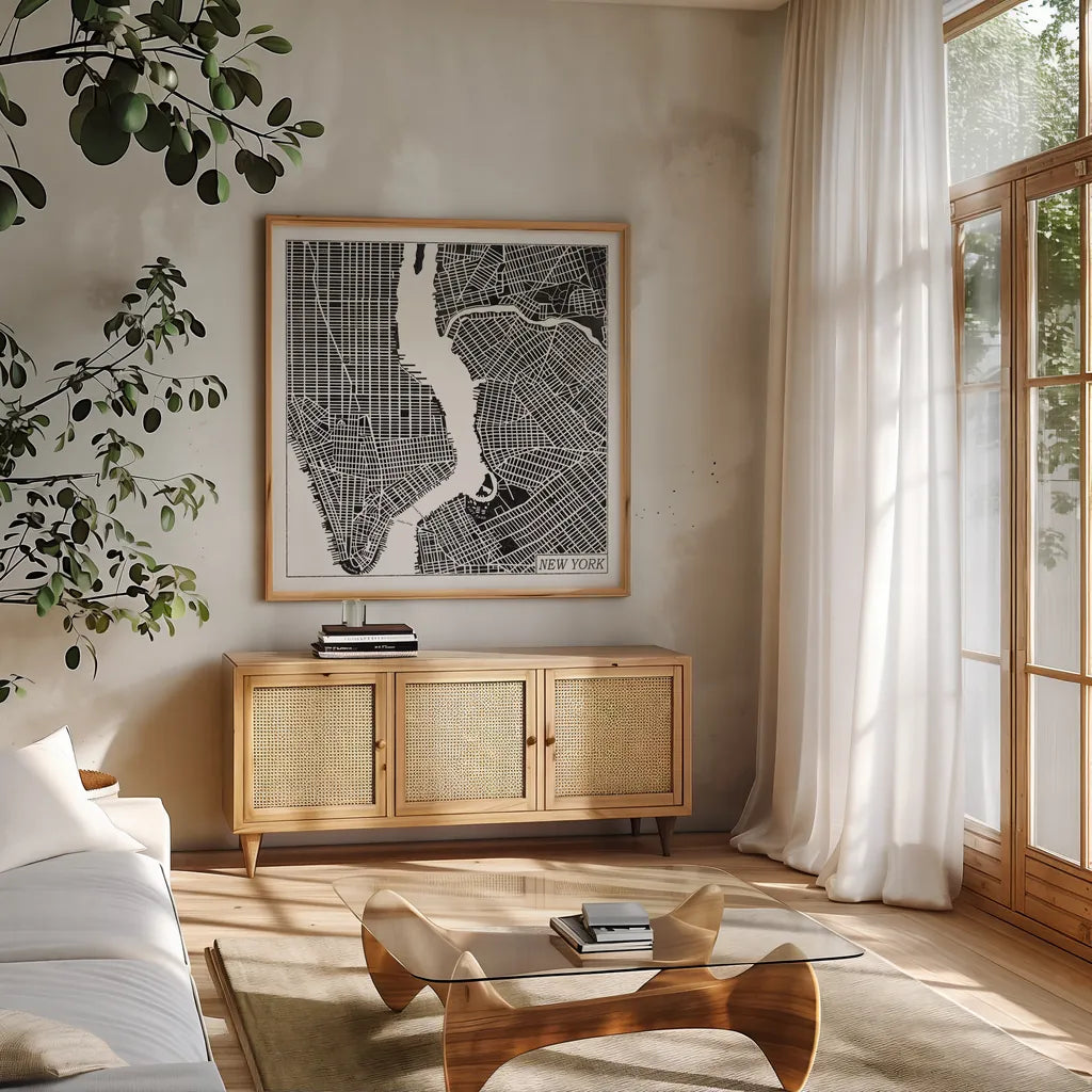 New York Map Black by Laura Marshall. Shown in a natural wood frame in a cozy modern living room. Available as an archival giclee rolled canvas, fine art paper, or poster print. SKU 60390a.