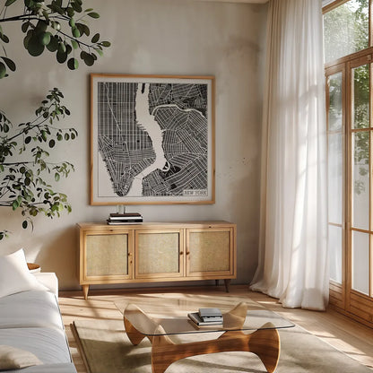 New York Map Black by Laura Marshall. Shown in a natural wood frame in a cozy modern living room. Available as an archival giclee rolled canvas, fine art paper, or poster print. SKU 60390a.