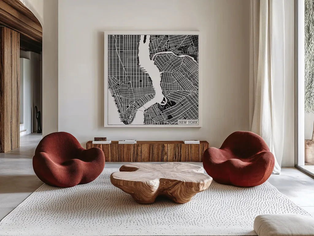 New York Map Black by Laura Marshall. Shown as extra-large giant wall art in a modern living room. Available as an archival giclee rolled canvas, fine art paper, or poster print. SKU 60390a.