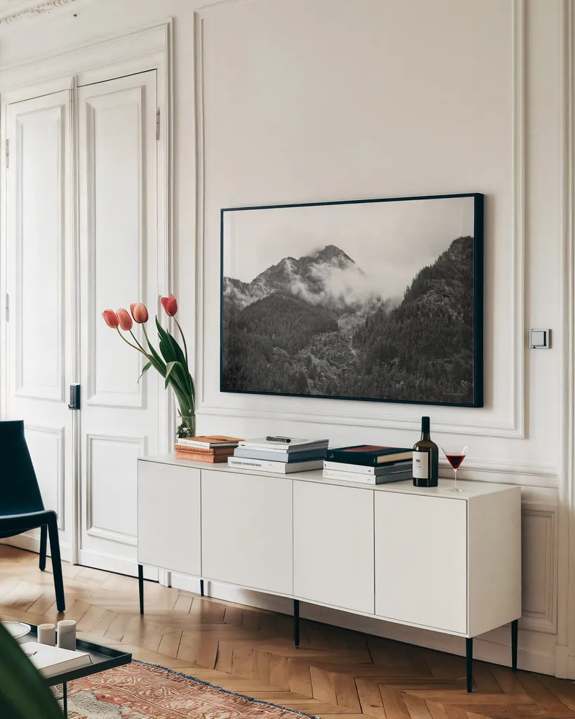 North Cascades I by Laura Marshall. shown as a framed stretched canvas in a living room above a console. Available as a archival giclee rolled canvas, fine art paper, or poster print. SKU 64410i.