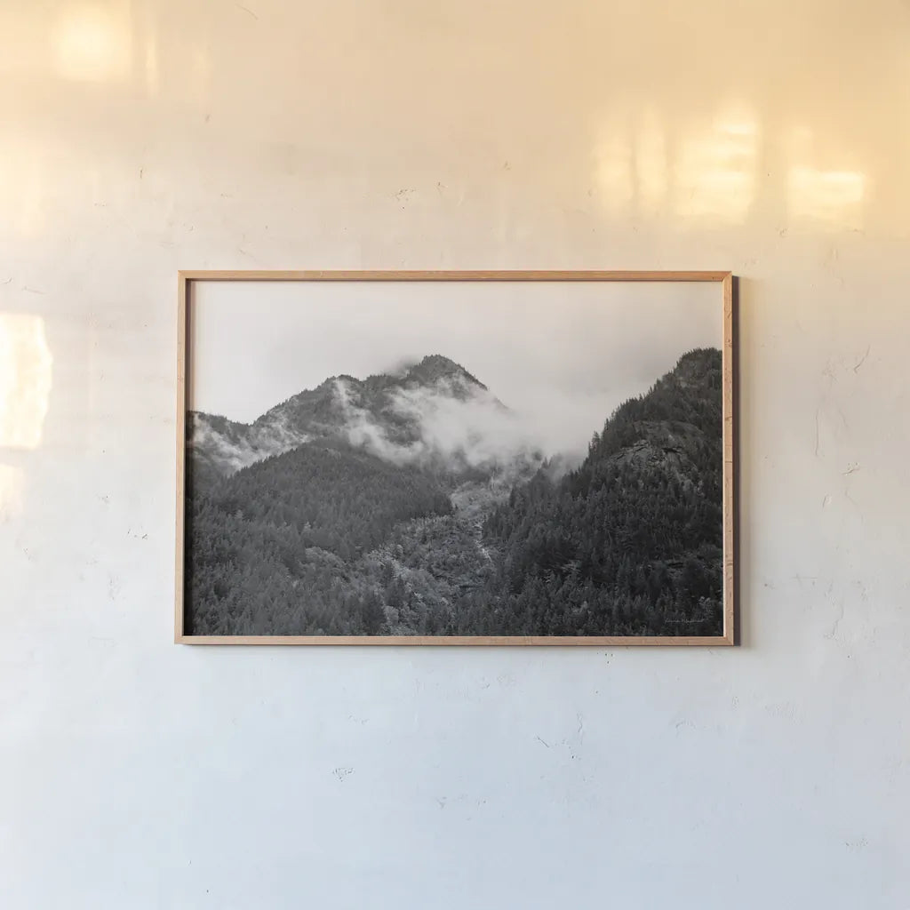 North Cascades I by Laura Marshall. shown as a paper print in a natural frame. Available as a archival giclee rolled canvas, fine art paper, or poster print. SKU 64410i.