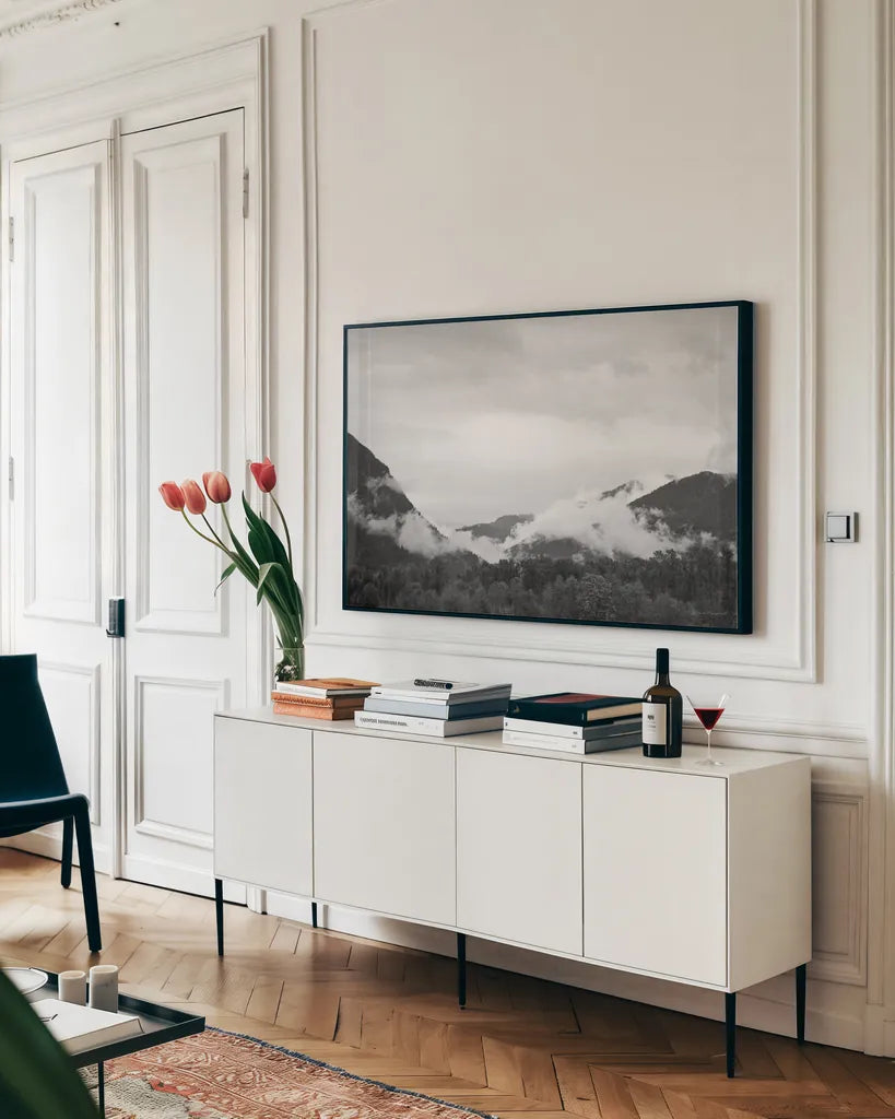 North Cascades II by Laura Marshall. shown as a framed stretched canvas in a living room above a console. Available as a archival giclee rolled canvas, fine art paper, or poster print. SKU 64411i.