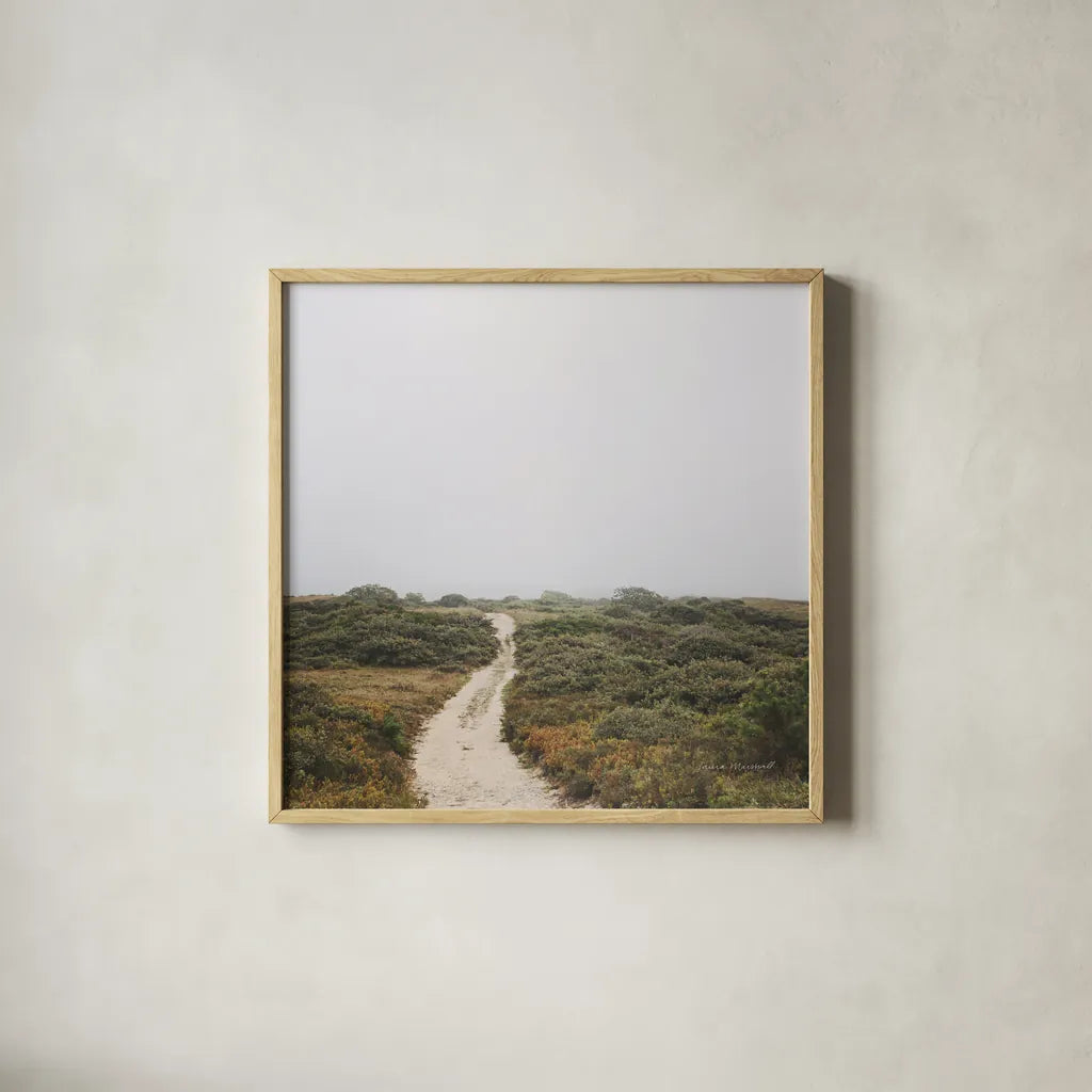 Off the Beaten Path by Laura Marshall. Shown in a natural wood glass frame for a timeless modern aesthetic. Available as an archival giclee rolled canvas, fine art paper, or poster print. SKU 38774a.