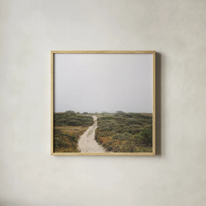 Off the Beaten Path by Laura Marshall. Shown in a natural wood glass frame for a timeless modern aesthetic. Available as an archival giclee rolled canvas, fine art paper, or poster print. SKU 38774a.