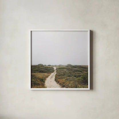 Off the Beaten Path by Laura Marshall. Shown in a crisp white glass frame for a clean and minimalist style. Available as an archival giclee rolled canvas, fine art paper, or poster print. SKU 38774a.