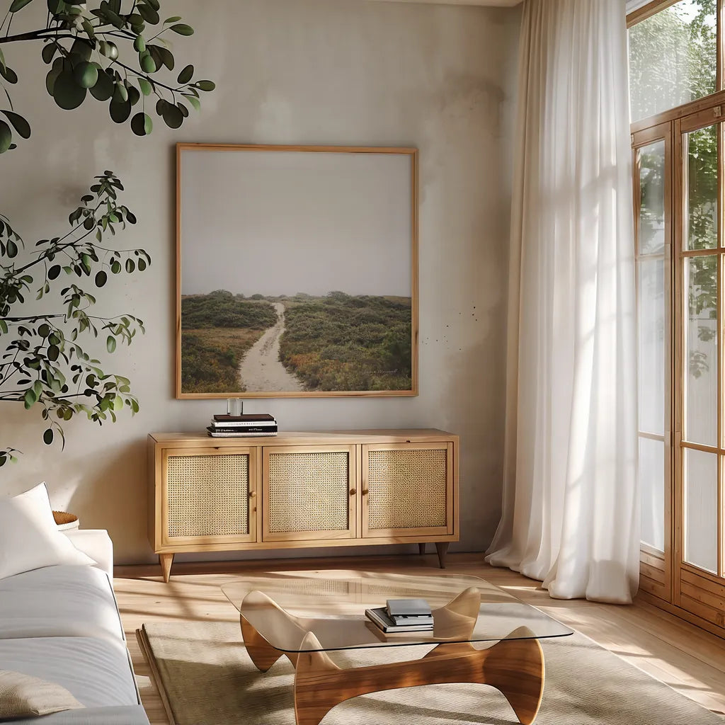 Off the Beaten Path by Laura Marshall. Shown in a natural wood frame in a cozy modern living room. Available as an archival giclee rolled canvas, fine art paper, or poster print. SKU 38774a.