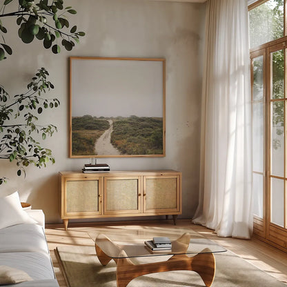 Off the Beaten Path by Laura Marshall. Shown in a natural wood frame in a cozy modern living room. Available as an archival giclee rolled canvas, fine art paper, or poster print. SKU 38774a.