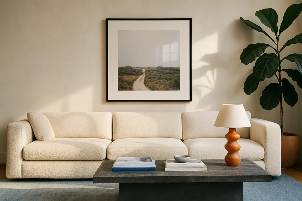 Off the Beaten Path by Laura Marshall. Displayed in a glass frame with matte in a clean modern living room. Available as an archival giclee rolled canvas, fine art paper, or poster print. SKU 38774a.
