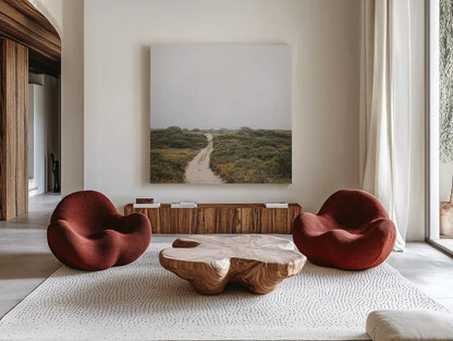 Off the Beaten Path by Laura Marshall. Shown as extra-large giant wall art in a modern living room. Available as an archival giclee rolled canvas, fine art paper, or poster print. SKU 38774a.
