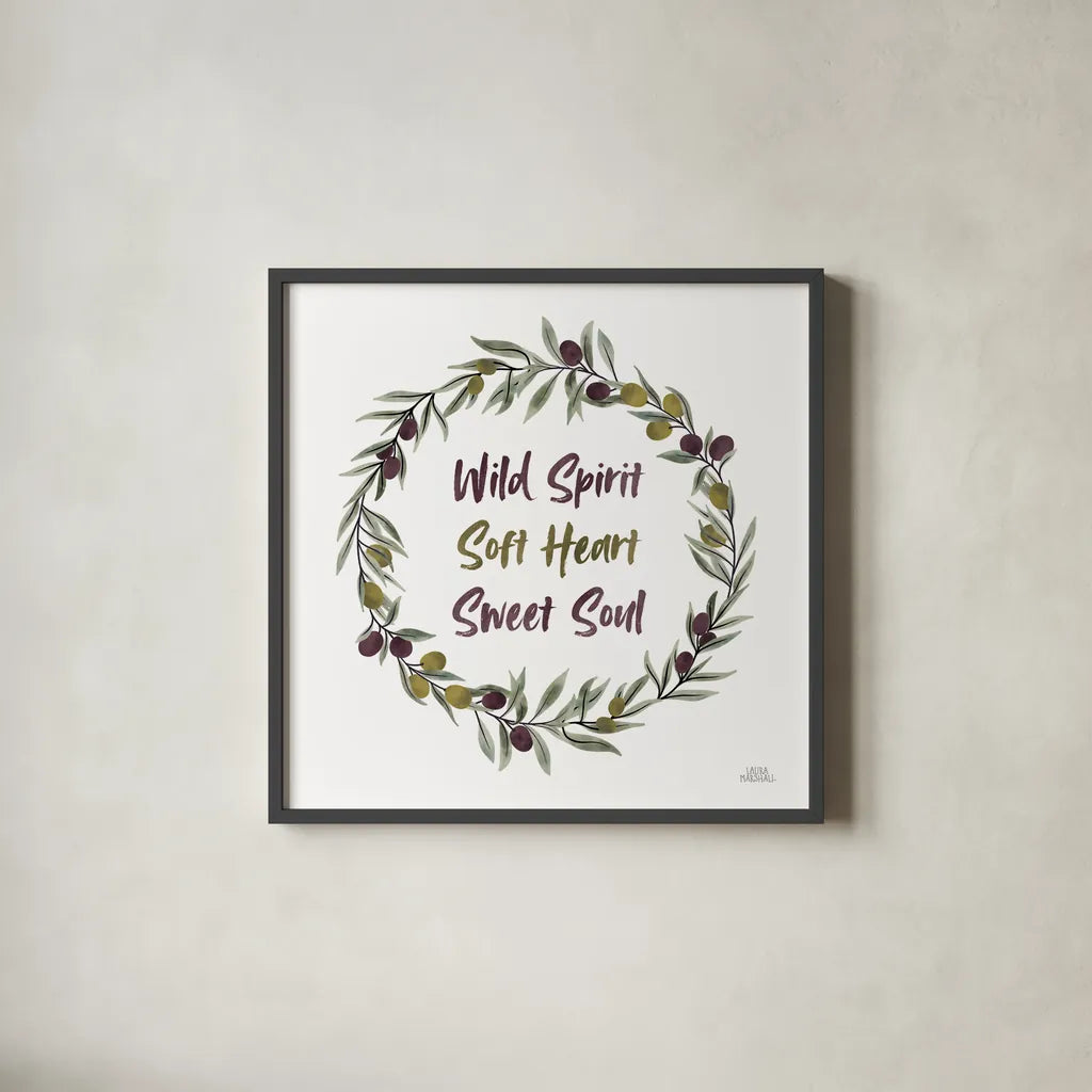 Olive Grove I by Laura Marshall. Shown in a sleek black glass frame for a contemporary gallery look. Available as an archival giclee rolled canvas, fine art paper, or poster print. SKU 77131a.