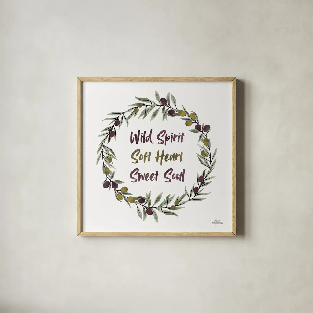 Olive Grove I by Laura Marshall. Shown in a natural wood glass frame for a timeless modern aesthetic. Available as an archival giclee rolled canvas, fine art paper, or poster print. SKU 77131a.