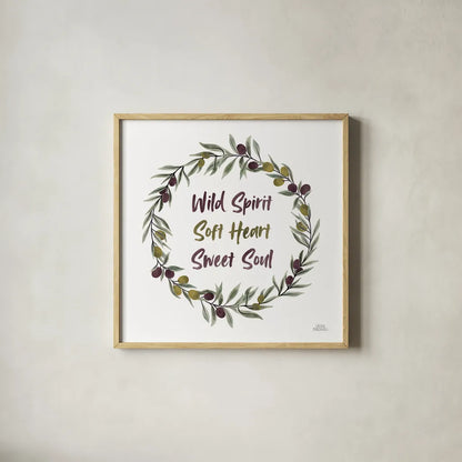 Olive Grove I by Laura Marshall. Shown in a natural wood glass frame for a timeless modern aesthetic. Available as an archival giclee rolled canvas, fine art paper, or poster print. SKU 77131a.